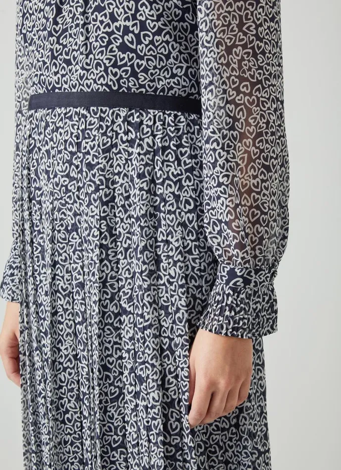 LKBennett Dresses Women Estelle Navy And Cream Heart Print Pleated Dress LKBennett Dresses Women Estelle Navy And Cream Heart Print Pleated Dress