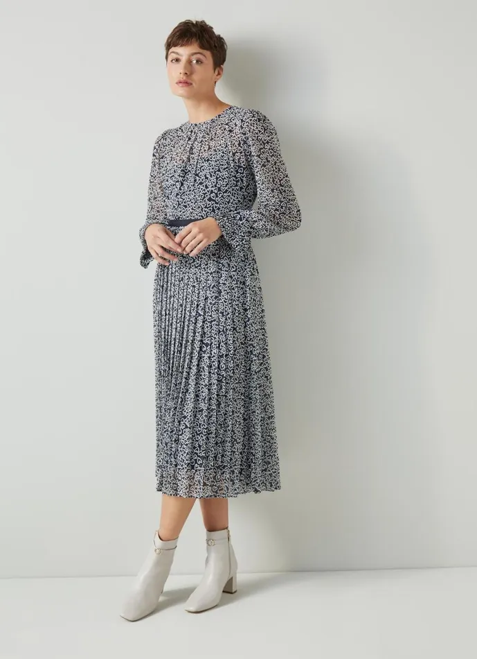 LKBennett Dresses Women Estelle Navy And Cream Heart Print Pleated Dress LKBennett Dresses Women Estelle Navy And Cream Heart Print Pleated Dress
