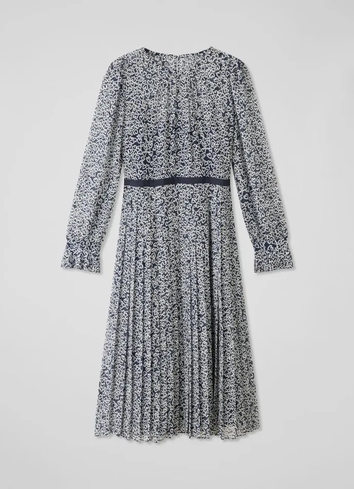 LKBennett Dresses Women Estelle Navy And Cream Heart Print Pleated Dress LKBennett Dresses Women Estelle Navy And Cream Heart Print Pleated Dress