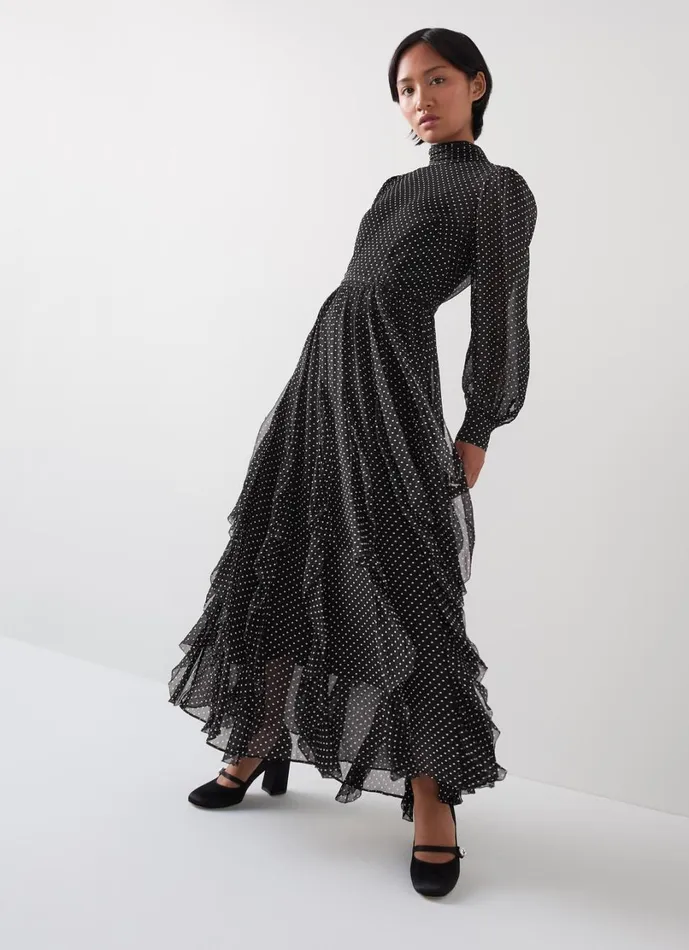 LKBennett Dresses Women Lucie Petite Black and Ivory Polkadot Ruffle Maxi Dress