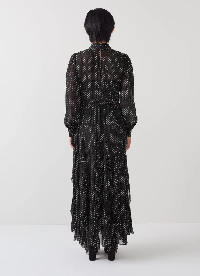 LKBennett Dresses Women Lucie Petite Black and Ivory Polkadot Ruffle Maxi Dress