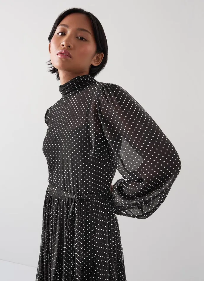 LKBennett Dresses Women Lucie Petite Black and Ivory Polkadot Ruffle Maxi Dress