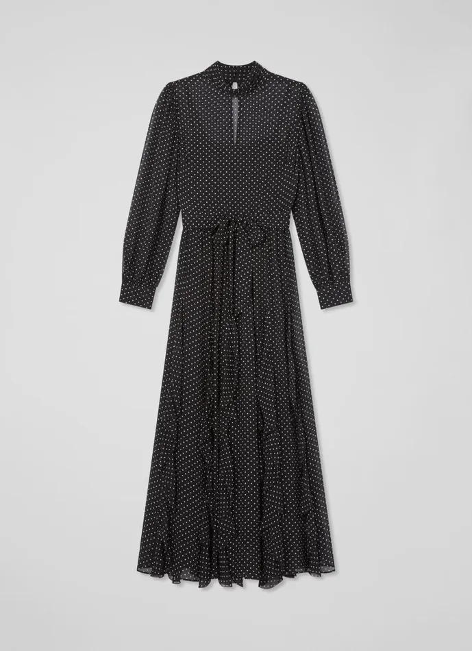 LKBennett Dresses Women Lucie Petite Black and Ivory Polkadot Ruffle Maxi Dress