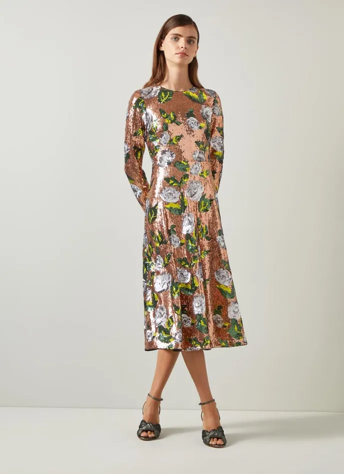 LKBennett Dresses Women Marcel Green Floral Sequin Dress