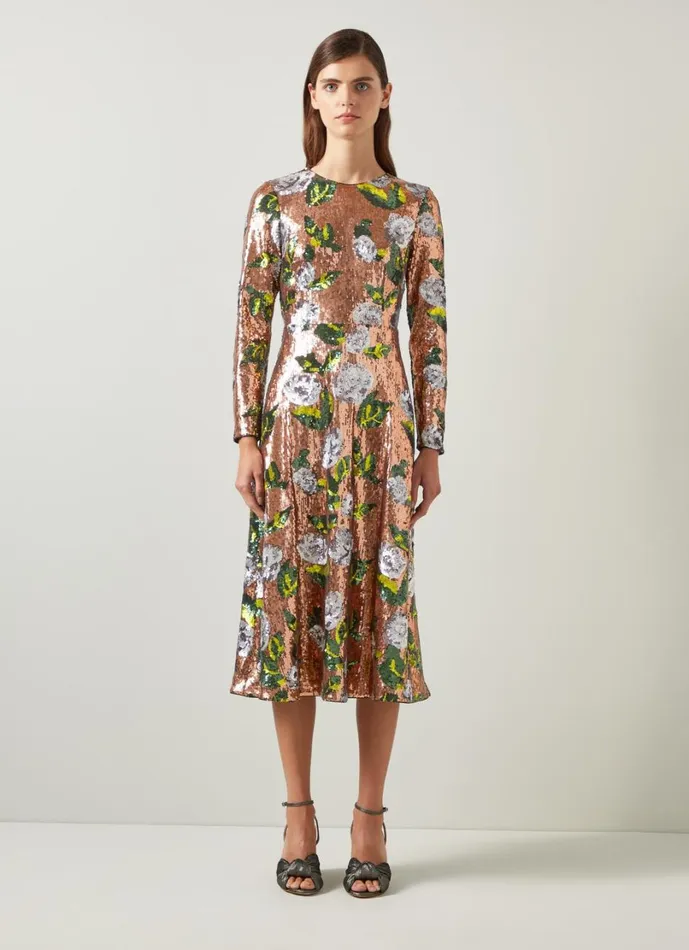 LKBennett Dresses Women Marcel Green Floral Sequin Dress