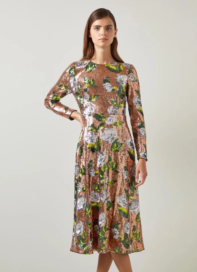 LKBennett Dresses Women Marcel Green Floral Sequin Dress