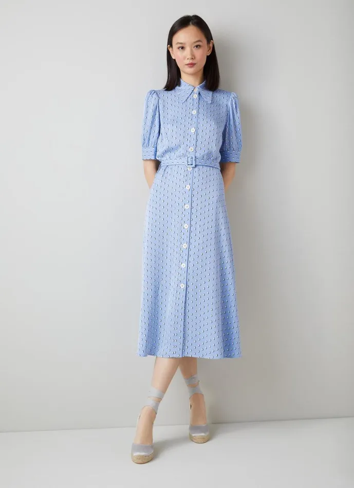 LKBennett Dresses Women Valerie Blue And Cream Graphic Diamond Print Shirt Dress