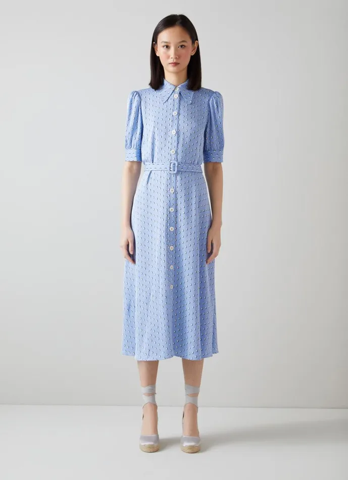 LKBennett Dresses Women Valerie Blue And Cream Graphic Diamond Print Shirt Dress LKBennett Dresses Women Valerie Blue And Cream Graphic Diamond Print Shirt Dress