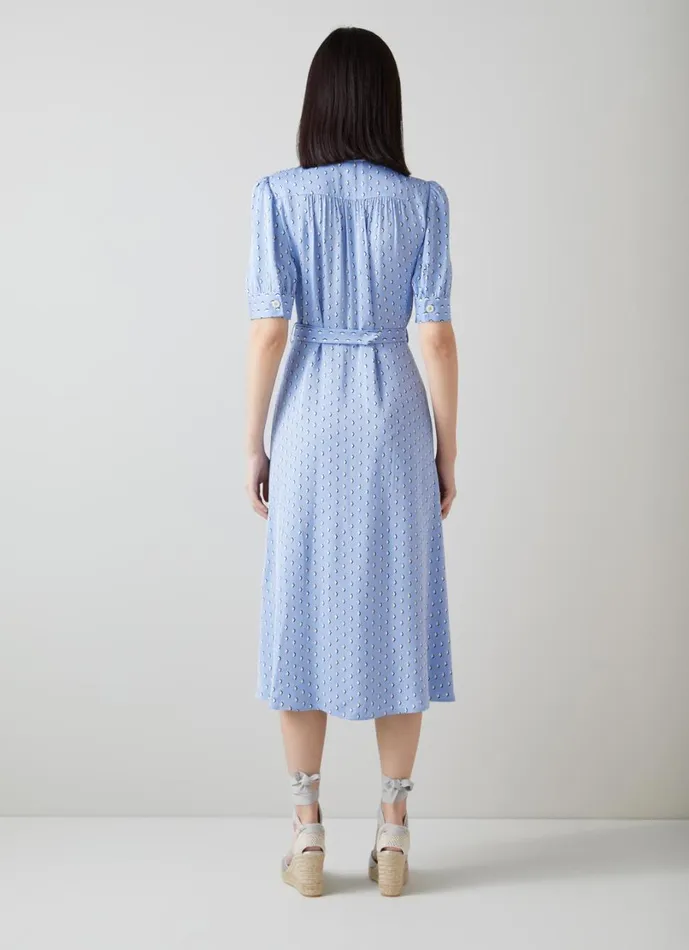 LKBennett Dresses Women Valerie Blue And Cream Graphic Diamond Print Shirt Dress LKBennett Dresses Women Valerie Blue And Cream Graphic Diamond Print Shirt Dress