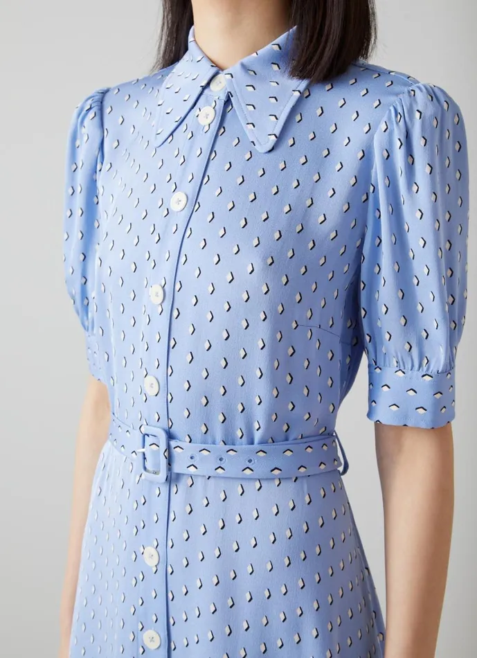 LKBennett Dresses Women Valerie Blue And Cream Graphic Diamond Print Shirt Dress LKBennett Dresses Women Valerie Blue And Cream Graphic Diamond Print Shirt Dress