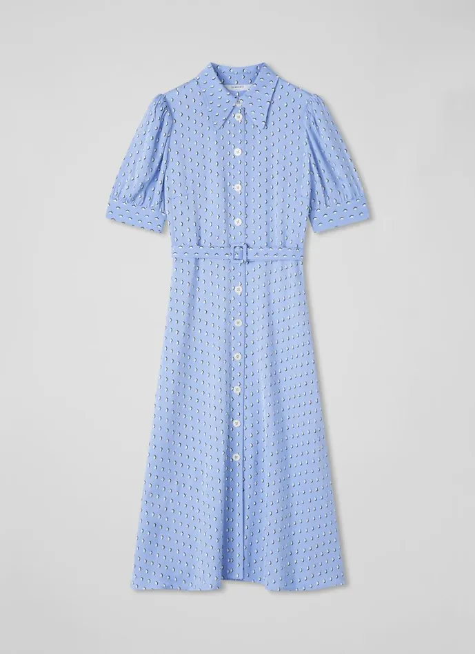 LKBennett Dresses Women Valerie Blue And Cream Graphic Diamond Print Shirt Dress LKBennett Dresses Women Valerie Blue And Cream Graphic Diamond Print Shirt Dress