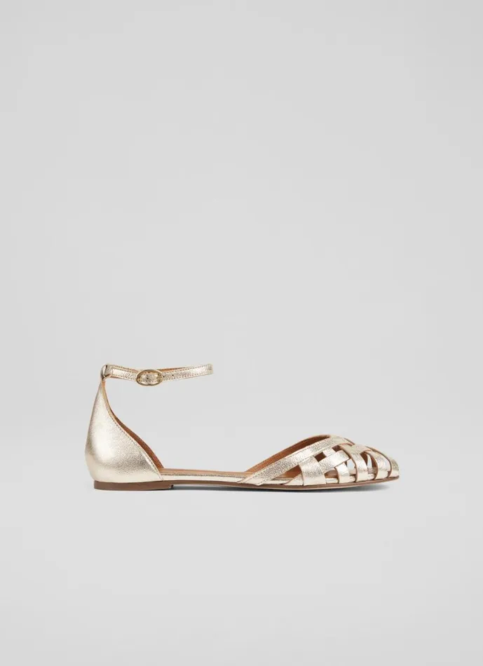 LKBennett Flats Women Bianca Gold Leather CageFront Flat Sandals