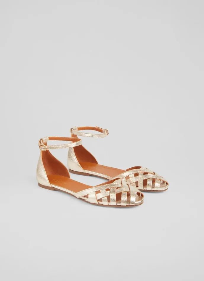 LKBennett Flats Women Bianca Gold Leather CageFront Flat Sandals