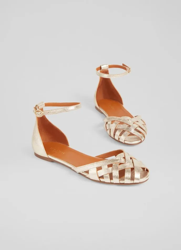 LKBennett Flats Women Bianca Gold Leather CageFront Flat Sandals