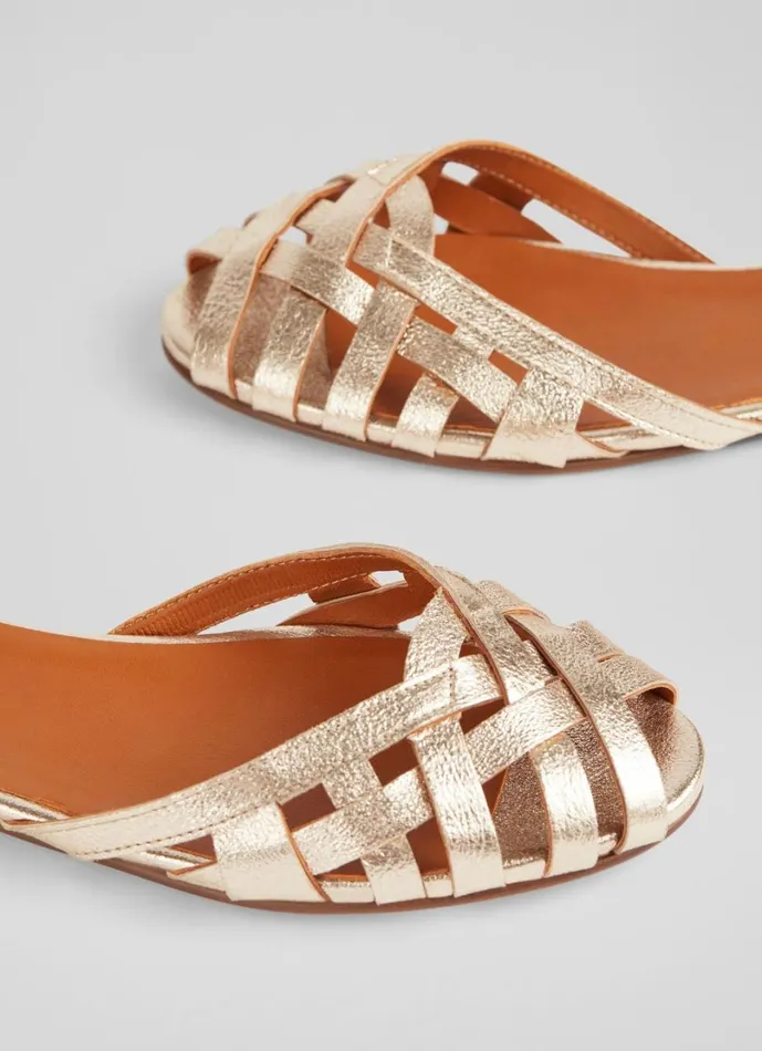 LKBennett Flats Women Bianca Gold Leather CageFront Flat Sandals