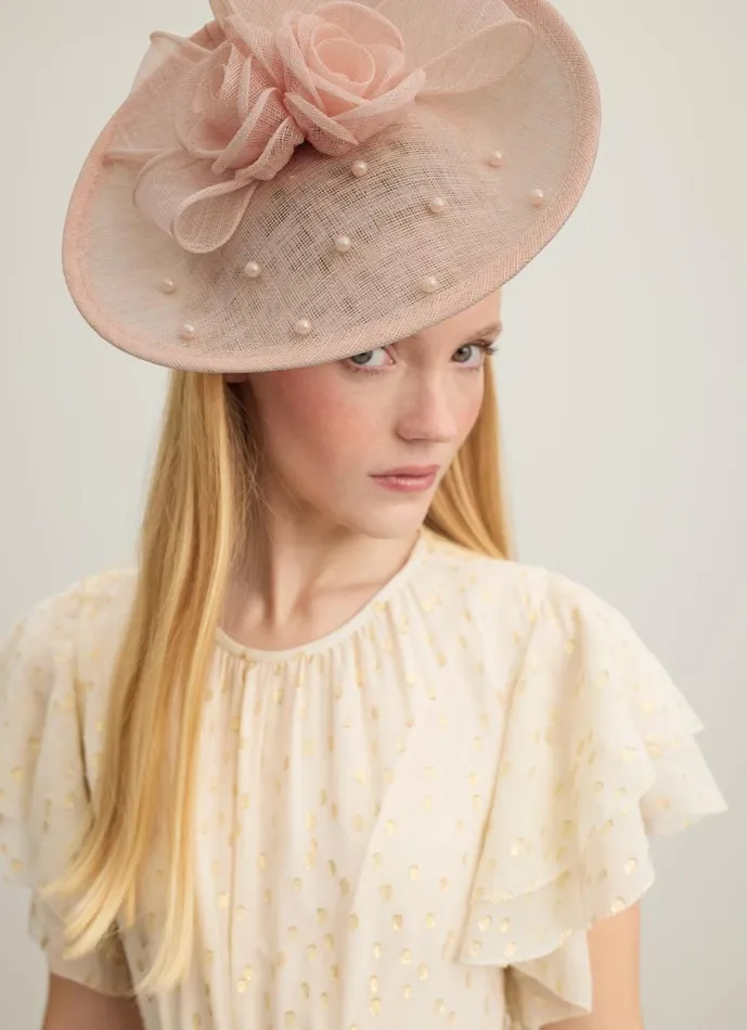 LKBennett Hats and Fascinators Women Ayla Pink Mesh Pearl Detail Wide Brim Fascinator