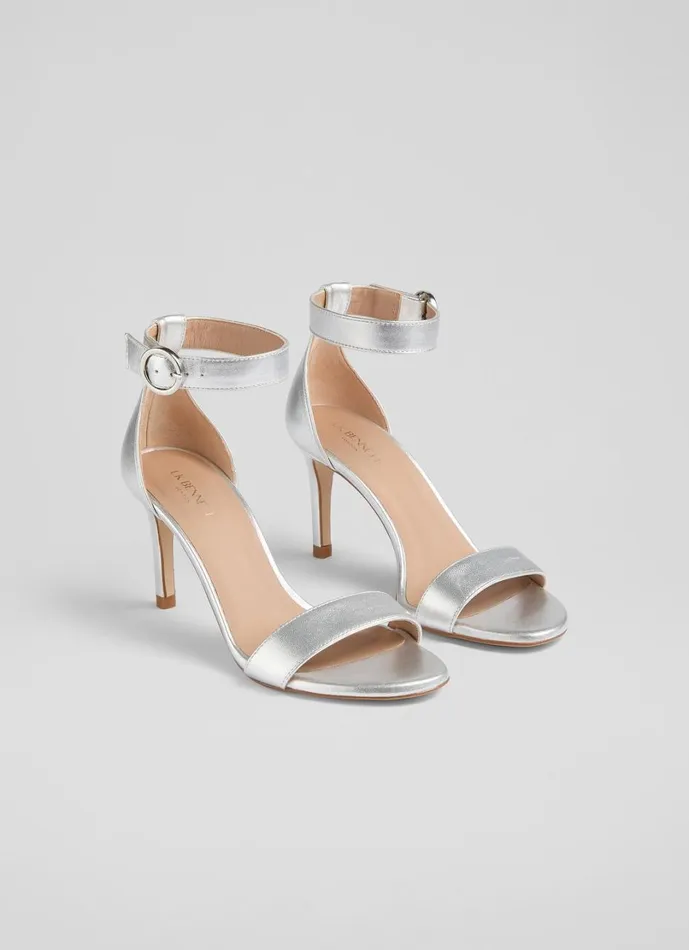 LKBennett Sandals Women Ivy Silver Leather Single Strap Sandals LKBennett Sandals Women Ivy Silver Leather Single Strap Sandals