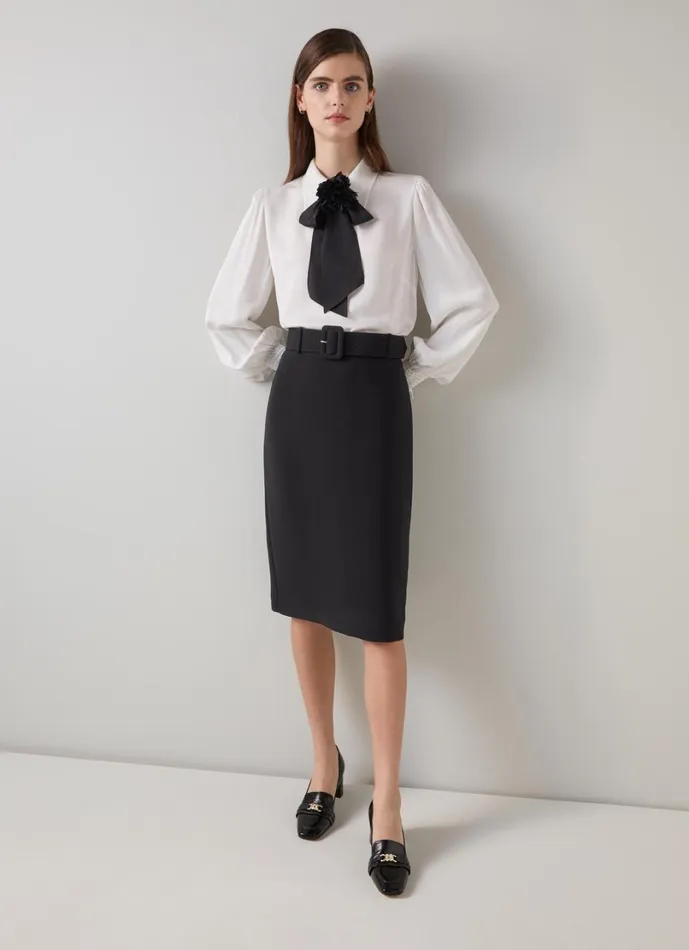 LKBennett Skirts Women Tabitha Black Belted Crepe Pencil Skirt