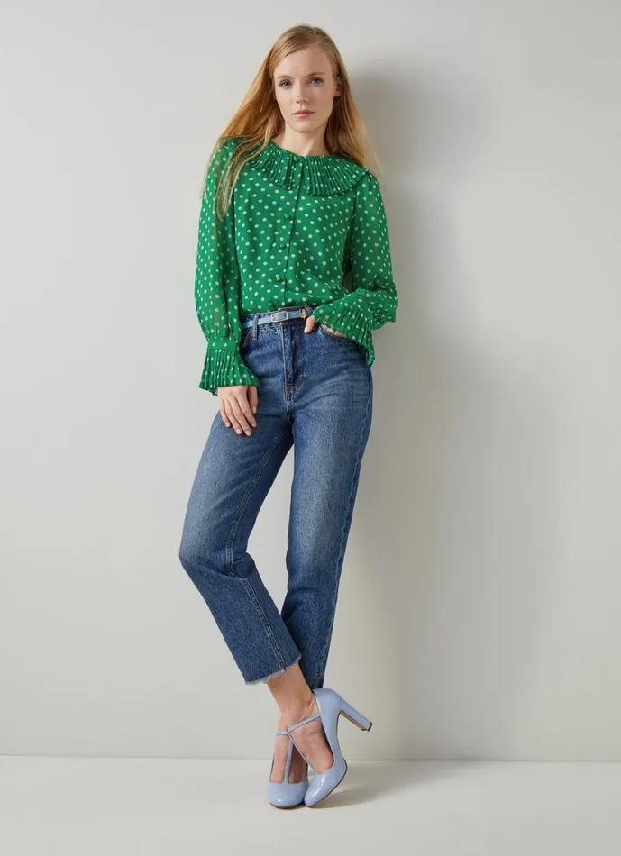 LKBennett Tops Women Dita Green And Blue Spot Print Blouse LKBennett Tops Women Dita Green And Blue Spot Print Blouse