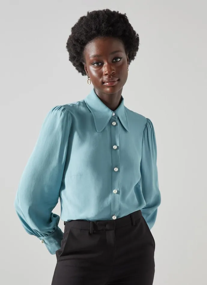 LKBennett Tops Women Sonya Pale Blue Crepe Blouse LKBennett Tops Women Sonya Pale Blue Crepe Blouse