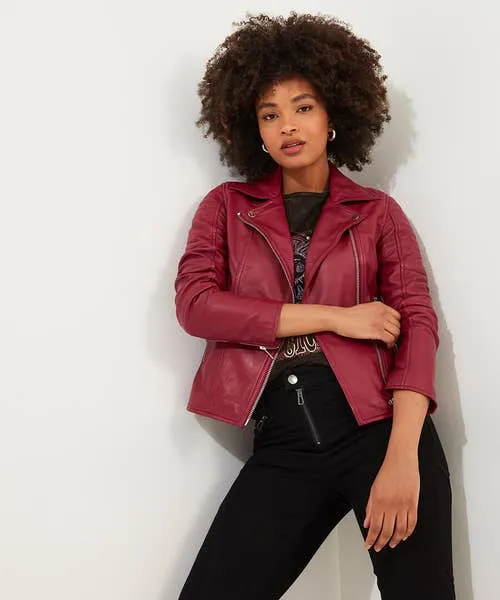 Leather Jackets Apparel Joebrowns Stitch Detail Leather Biker Jacket Raspberry
