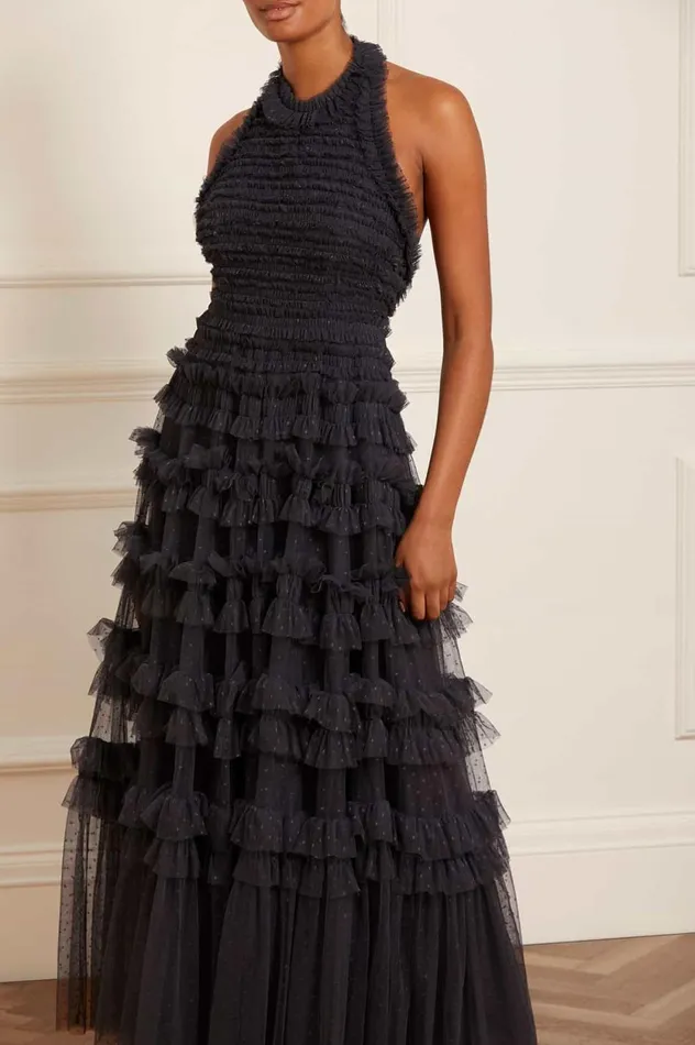 Lisette Ruffle Halter Neck Gown Black Women Needle and Thread Dresses