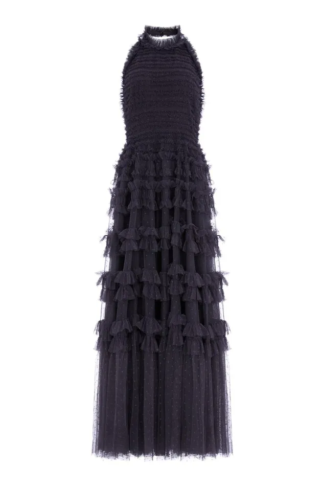 Lisette Ruffle Halter Neck Gown Black Women Needle and Thread Dresses