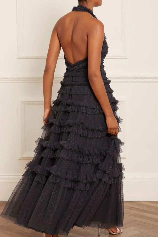 Lisette Ruffle Halter Neck Gown Black Women Needle and Thread Dresses
