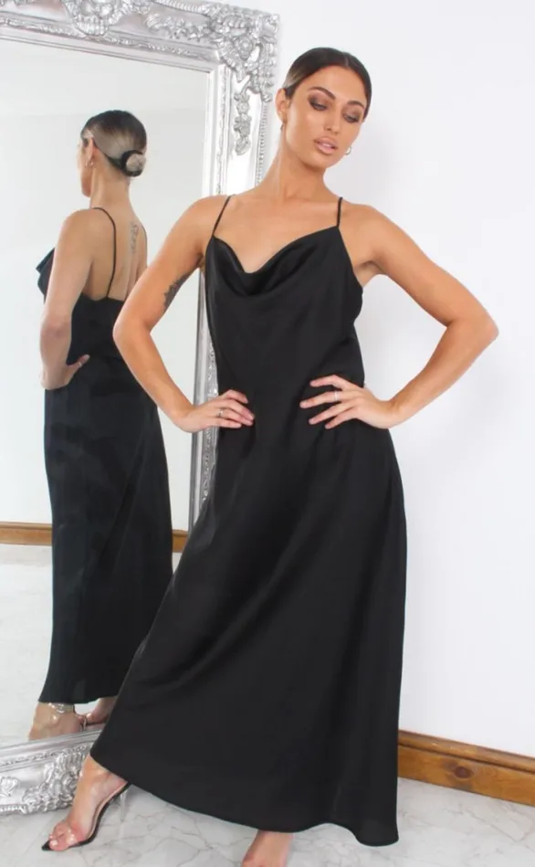 Luxury Black Satin Cowl Neck Maxi Dress Women Missfiga Maxi Dresses
