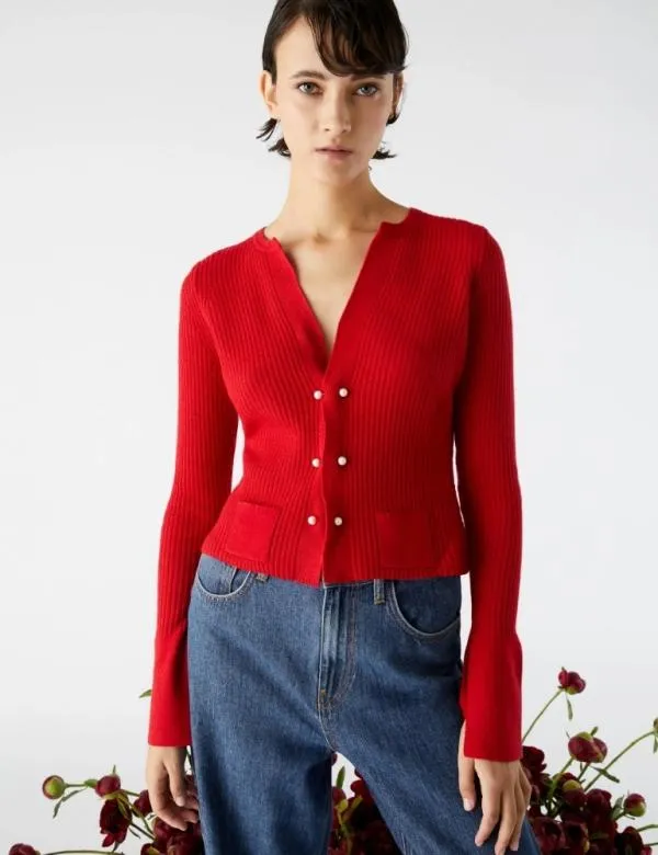 Marella Knitwear Women Ribknit Cardigan Red