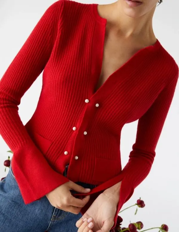 Marella Knitwear Women Ribknit Cardigan Red