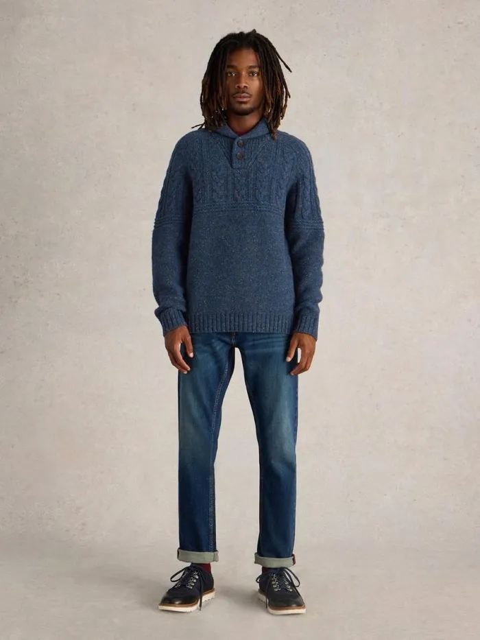 Men Berkley Shawl Wool Neck Jumper Navy Multi White Stuff Knitwear