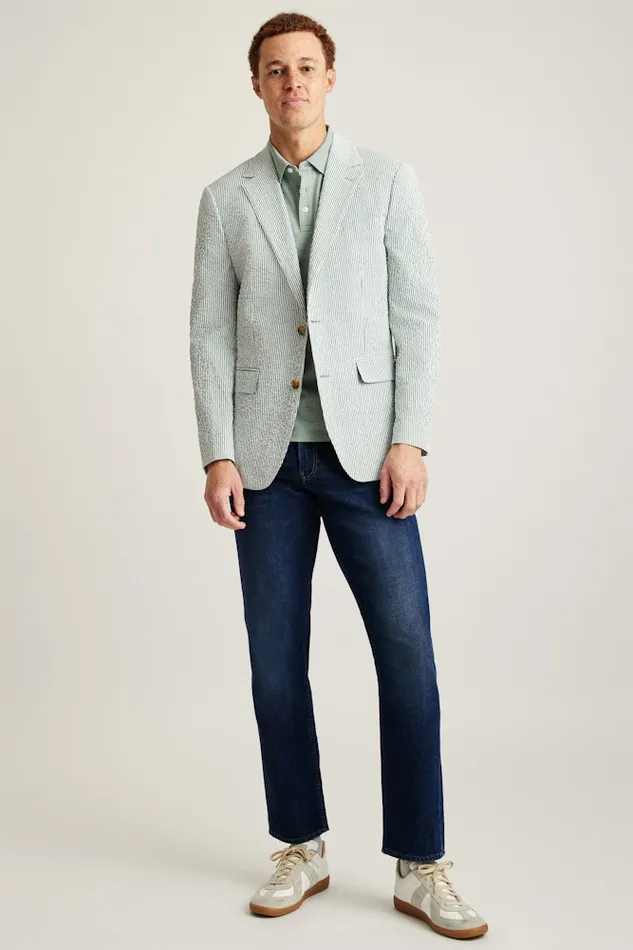 Men Bonobos Blazers and Sport Coats Jetsetter Italian Seersucker Blazer Olive And White Stripe