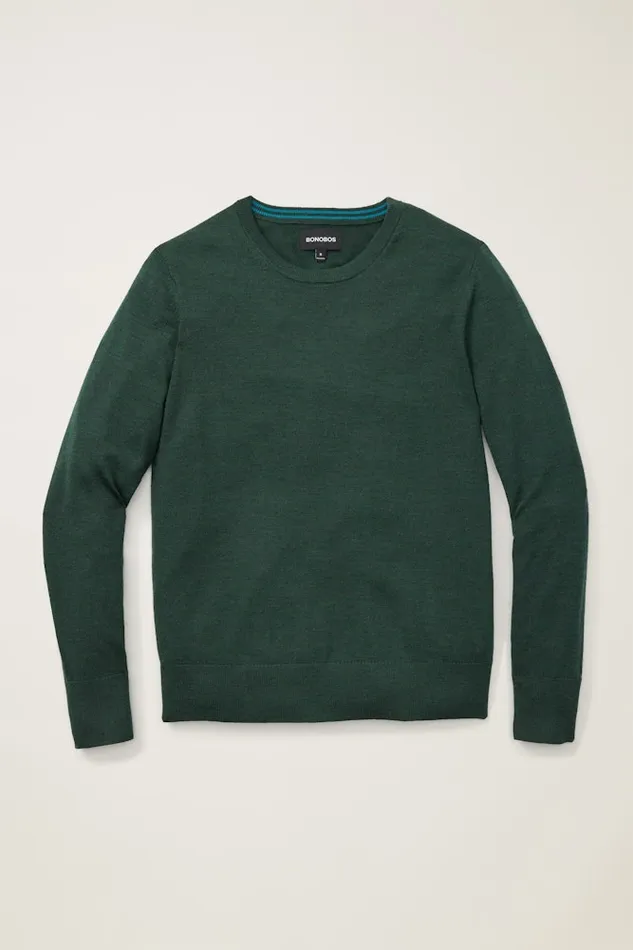 Men Bonobos Crew and VNeck Sweaters Washable Merino Crew Neck Sweater Heather Forest Green