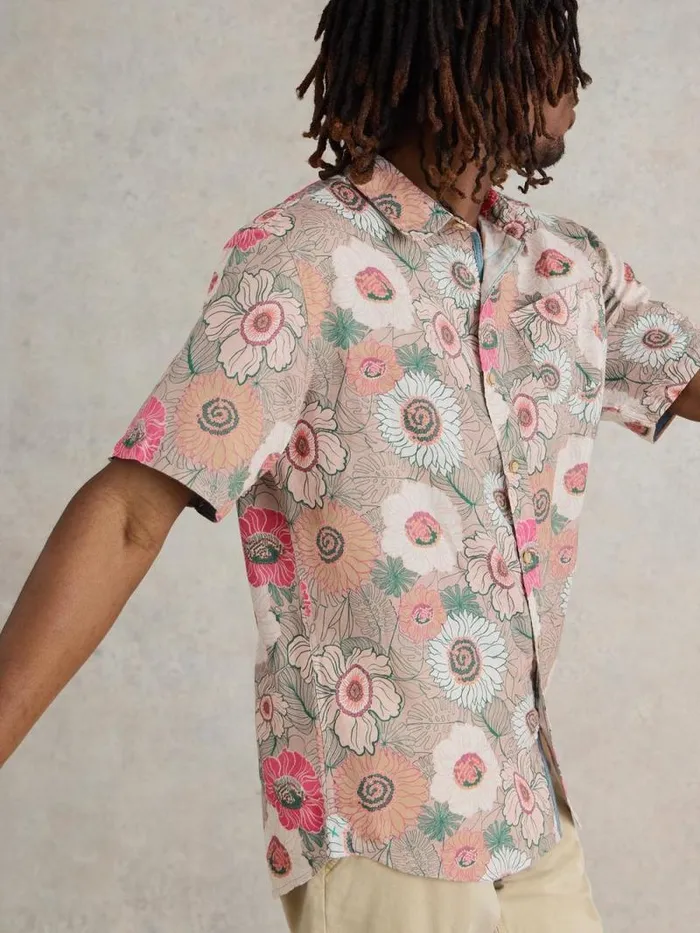 Men Botanical Printed SS Shirt Pink Print White Stuff Shirts
