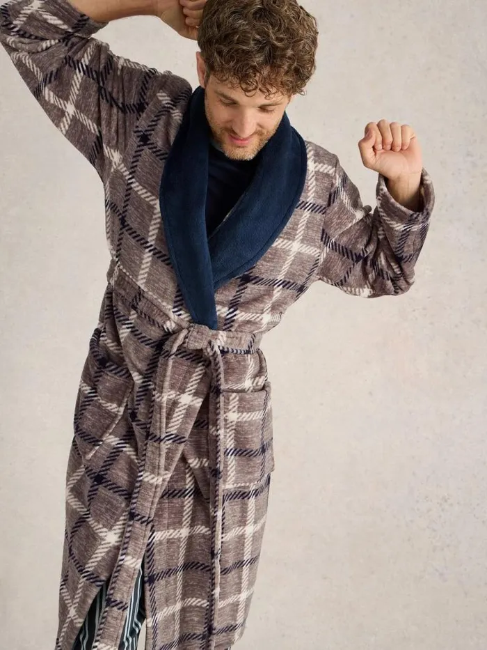 Men Checked Fleece Robe Grey Multi White Stuff Dressing Gowns