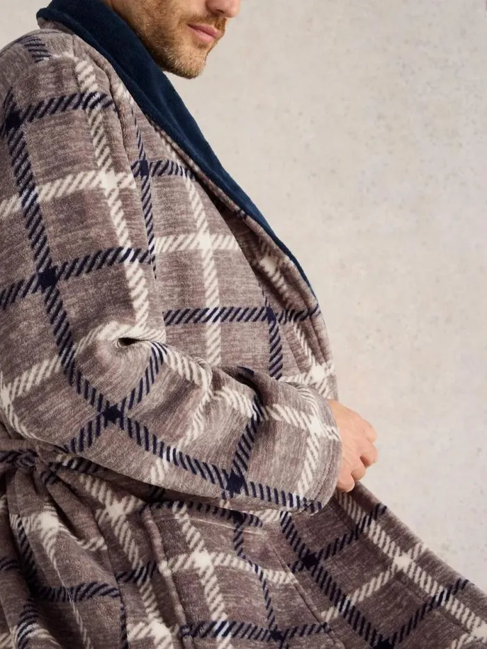 Men Checked Fleece Robe Grey Multi White Stuff Dressing Gowns