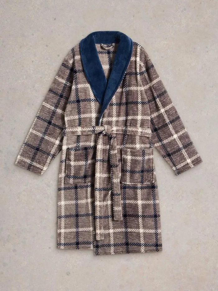 Men Checked Fleece Robe Grey Multi White Stuff Dressing Gowns