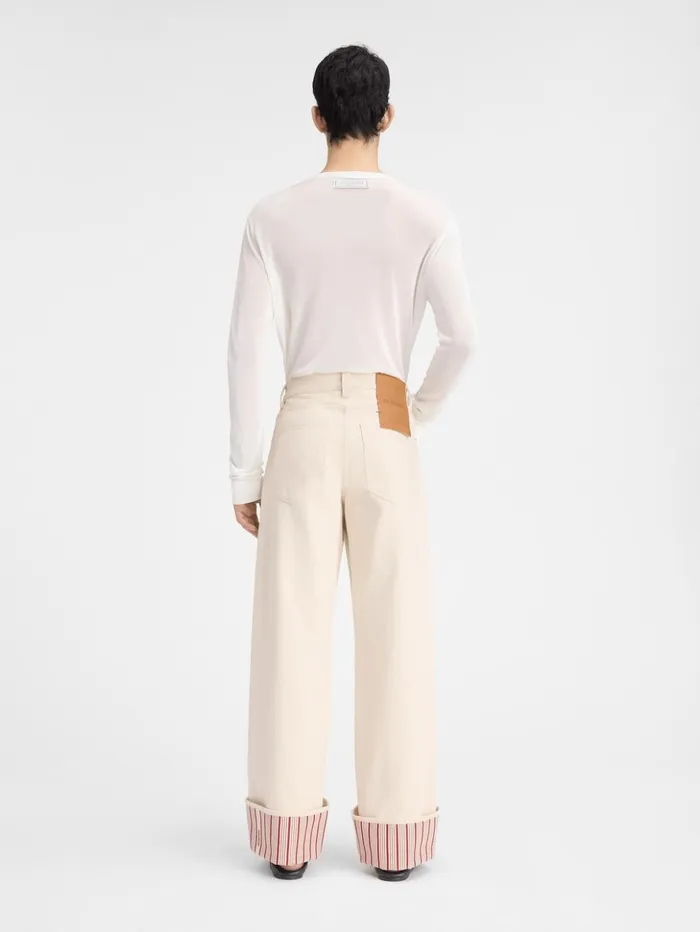 Men Denim JACQUEMUS The Wide DeNmes Denim Pants Offwhite Red Stripes Men Denim JACQUEMUS The Wide DeNmes Denim Pants Offwhite Red Stripes