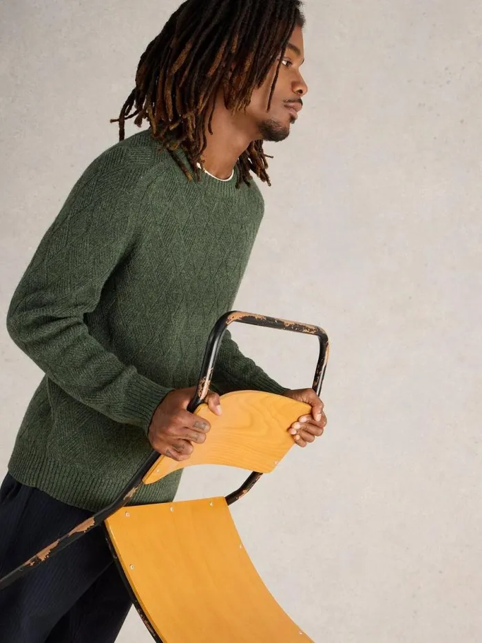 Men Diamond Wool Crew Neck Dark Green White Stuff Knitwear
