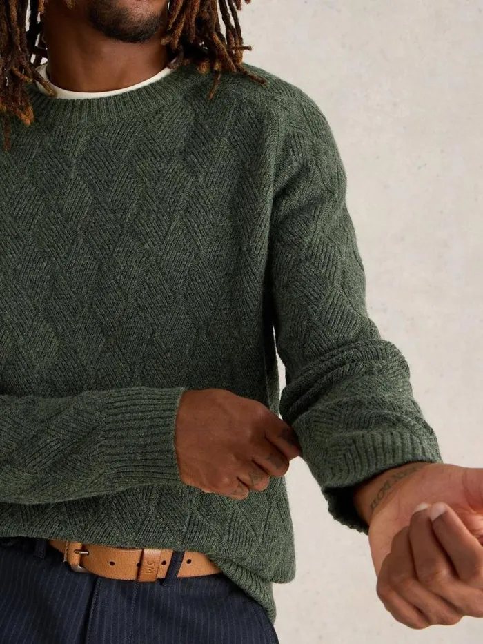 Men Diamond Wool Crew Neck Dark Green White Stuff Knitwear