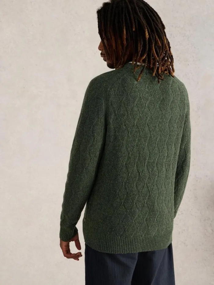 Men Diamond Wool Crew Neck Dark Green White Stuff Knitwear