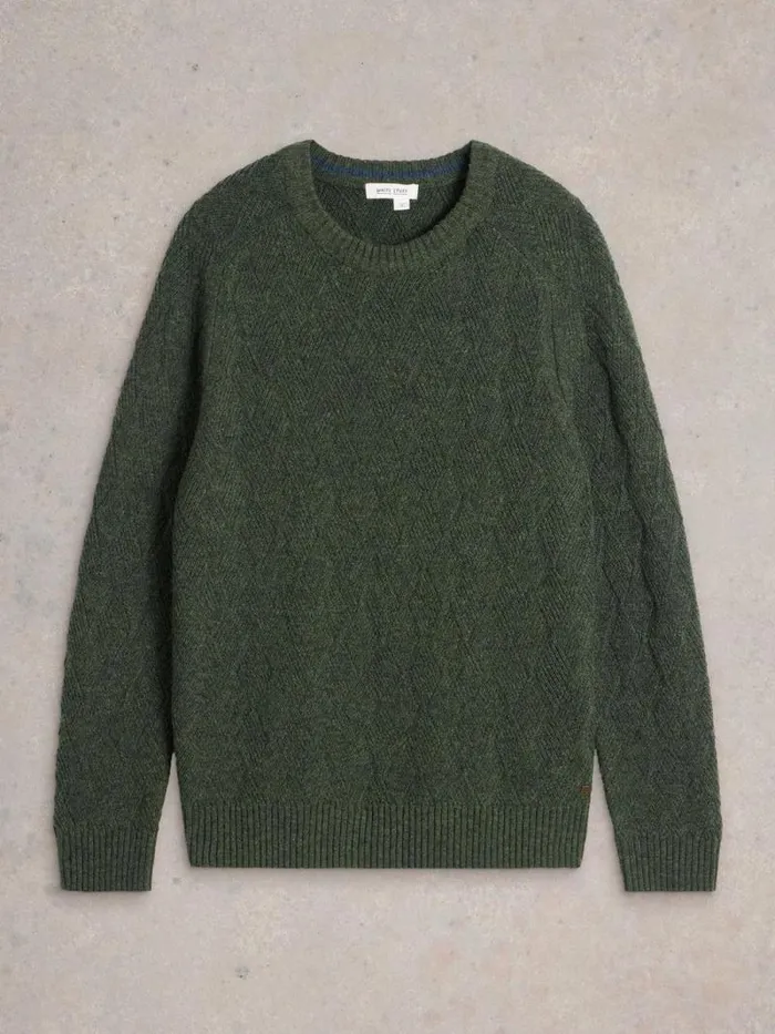Men Diamond Wool Crew Neck Dark Green White Stuff Knitwear