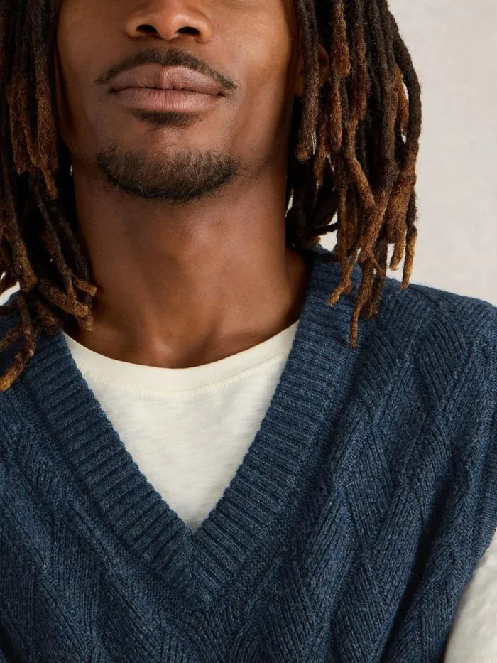 Men Diamond Wool Tank Indigo Blue White Stuff Knitwear