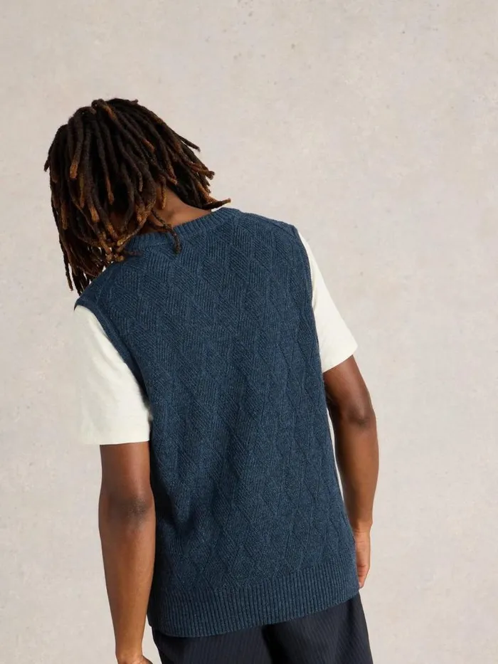 Men Diamond Wool Tank Indigo Blue White Stuff Knitwear