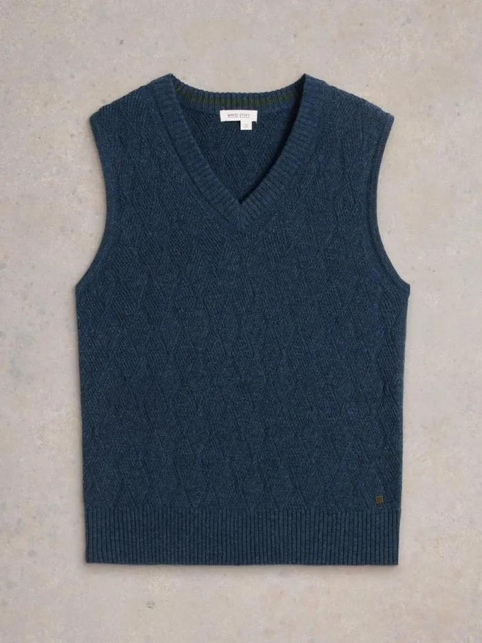 Men Diamond Wool Tank Indigo Blue White Stuff Knitwear