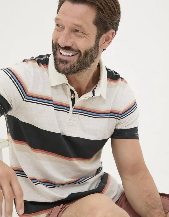 Men FatFace Polo Shirts Hastings Stripe Polo Light Grey Marl