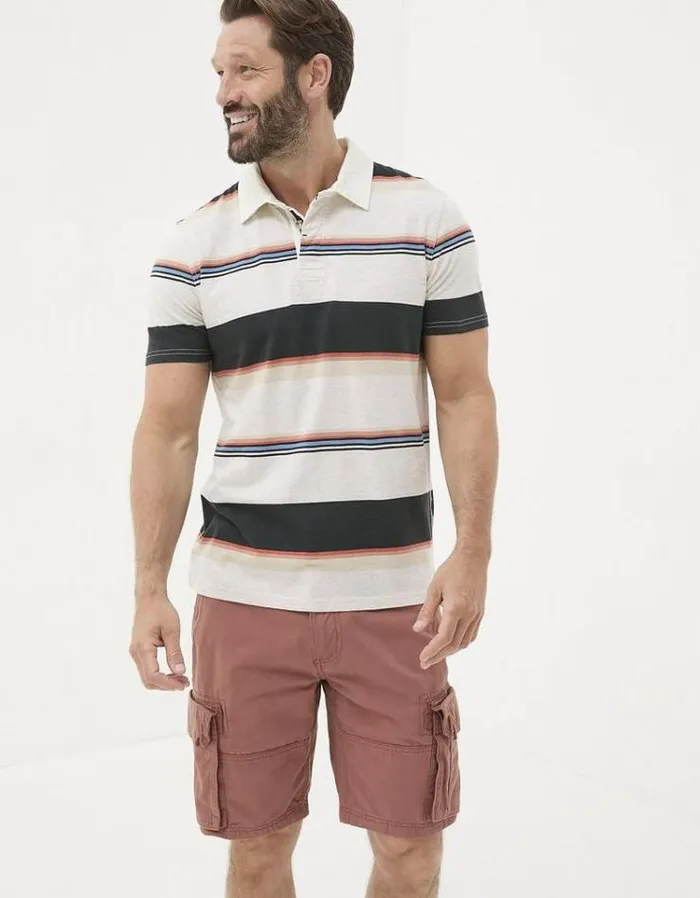 Men FatFace Polo Shirts Hastings Stripe Polo Light Grey Marl