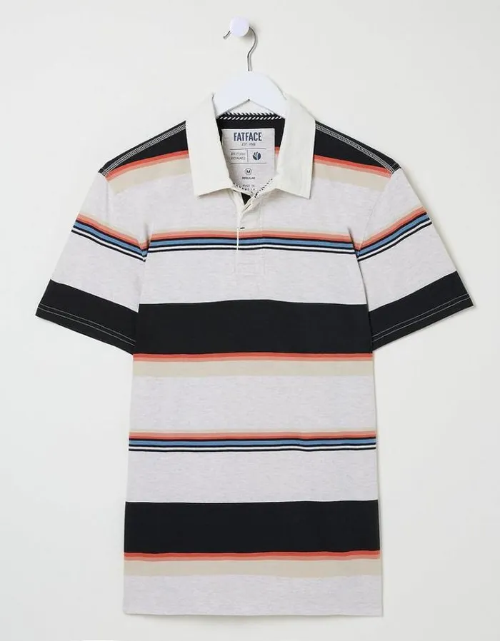 Men FatFace Polo Shirts Hastings Stripe Polo Light Grey Marl