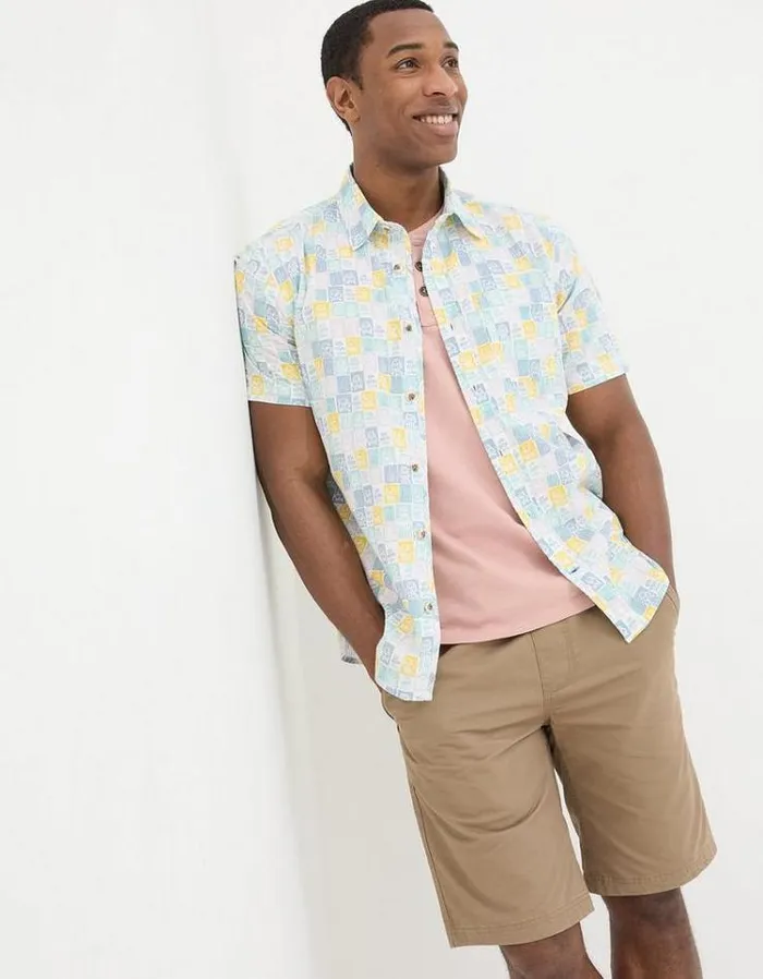 Men FatFace Shirts Short Sleeve Palm Tile Print Shirt Multi